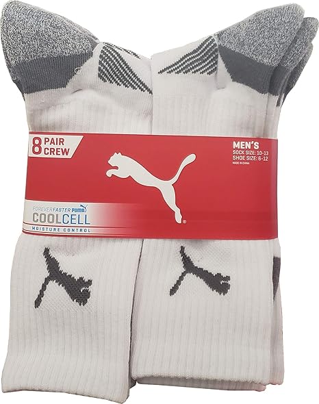 PUMA Mens Crew Socks Moisture Control, White/Grey (8-Pair)